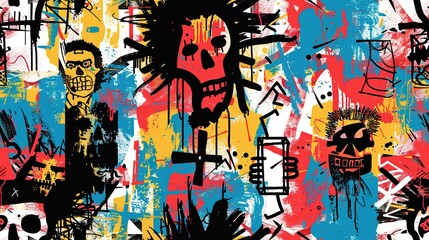 punk pop rock style elements abstract face with grungy texture with color splash abstract background, seamless pattern tile, Generative Ai