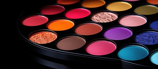 Naklejka premium A vibrant arrangement of colorful eyeshadow palettes on a black background creating a captivating make up cosmetic composition Ideal for a copy space image