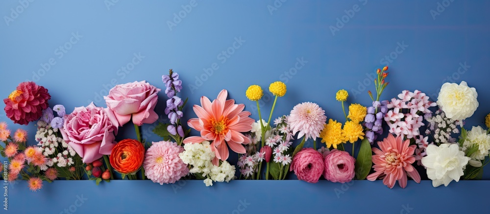 Poster a vibrant and colorful display of spring flowers against a serene blue backdrop ideal for use as a c