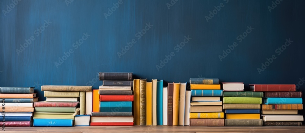 Poster a vibrant stack of books sits on a wooden table creating a compelling educational backdrop perfect f