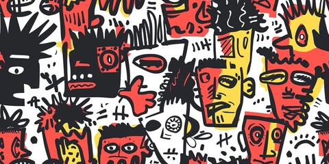 punk pop rock style elements abstract face with grungy texture with color splash abstract background, seamless pattern tile, Generative Ai