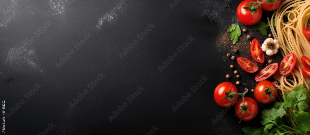 Poster a view from the top showing a gray background featuring spaghetti pasta shrimp red tomatoes olive oi