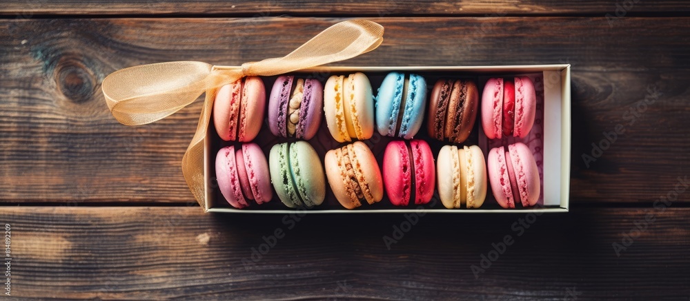 Poster top view of a retro toned image showcasing sweet macarons in a gift box on a wooden table ample copy