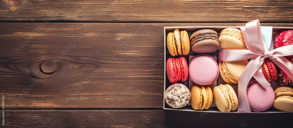 Poster top view of a retro toned image showcasing sweet macarons in a gift box on a wooden table ample copy