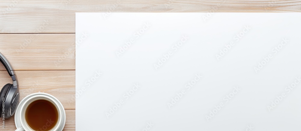 Poster the white table is equipped with a wireless headphone notebook and pencil holder from a top view the