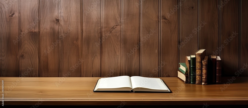 Poster a wooden desk with a blank book colored pen and computer creating a perfect copy space image