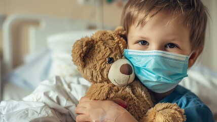 A toddler patient in a hospital, wearing a mask and hugging a teddy bear tightly, illustrating vulnerability and the need for gentle care