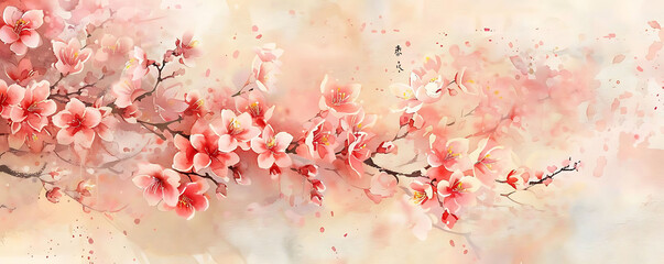 watercolor painting of cherry blossoms in pink and red hues, with a pink flower in the foreground