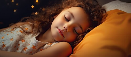 An adorable young girl peacefully sleeping in a cozy bed with space available for adding text. Copyspace image