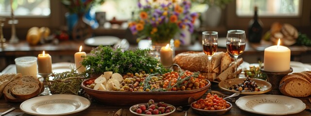 Naklejka premium A table is covered with a variety of foods, including a book and candles