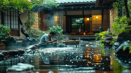 Japanese plumber repairing a leaking faucet in a traditional Japanese ryokan