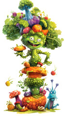 Naklejka premium Fresh fruits and vegetables on a white background, decorated with a funny theme