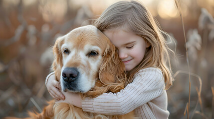 A child with Down syndrome joyfully hugging their therapy dog, illustrating the deep emotional connection and support provided by their furry friend.