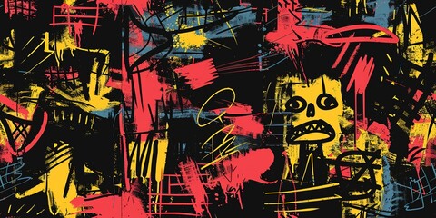 punk pop rock style elements abstract face with grungy texture with color splash abstract background, seamless pattern tile, Generative Ai