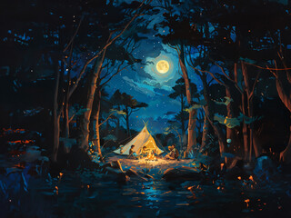 In this modern cartoon landscape, you can see a campsite, trees, a log and a bowler on fire in a...