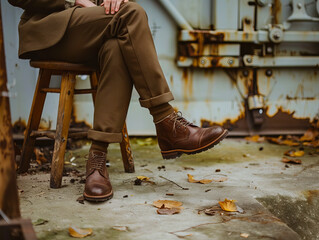 A man sitting on a stool wearing brown shoes.