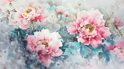 watercolor painting of peony flowers in various shades of pink, white, and blue, with a blue butterfly in the foreground