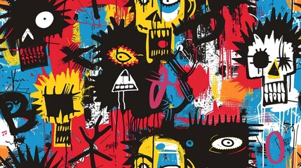punk pop rock style elements abstract face with grungy texture with color splash abstract background, seamless pattern tile, Generative Ai