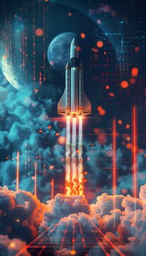 Dynamic image of a rocket ascending parallel to a rising bar graph, illustrating startup success