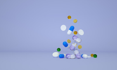 Red white pills or capsule from plastic medicine bottle on purple background. Medical concept. First aid medicine. Generic medicine. Emergency drug. 3d render.