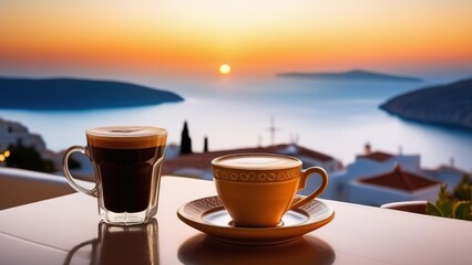 Traditional Greek coffee on the balcony with a beautiful Greek Mediterranean city in the background, A cup of coffee or tea on a blurred background of the evening Greek seascape