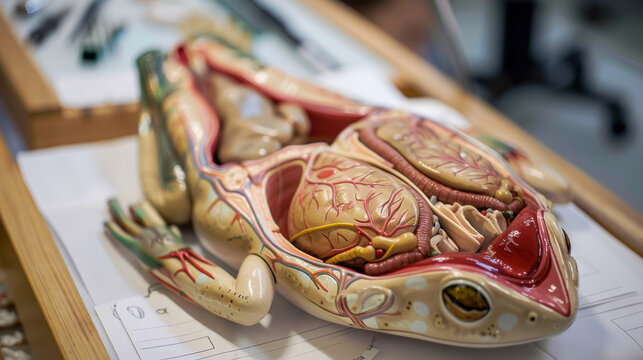 Detailed Frog Dissection Model on Lab Table Showcasing Internal Organs and Anatomy for Educational Purposes