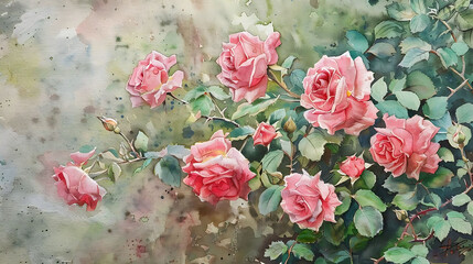 watercolor painting of roses in various shades of pink and red, with a green leaf in the foreground