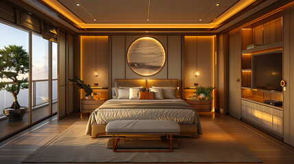 A bedroom with a large bed and a view of the ocean.