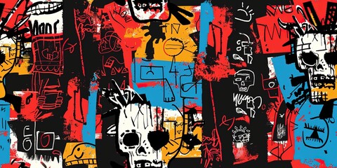 punk pop rock style elements abstract face with grungy texture with color splash abstract background, seamless pattern tile, Generative Ai