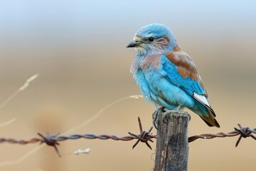 A European roller perched on a barbed wire fence post with a soft focus background