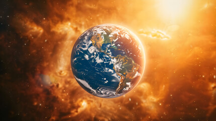 Obraz premium A blue and white planet is surrounded by orange clouds