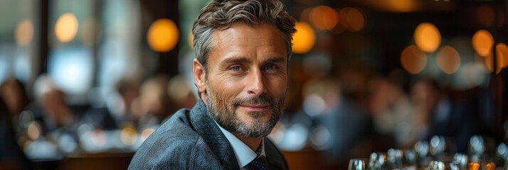 male American businessman networking at a business luncheon with industry peers