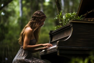 Graceful woman plays a grand piano amidst a mystical forest, evoking a serene musical escape