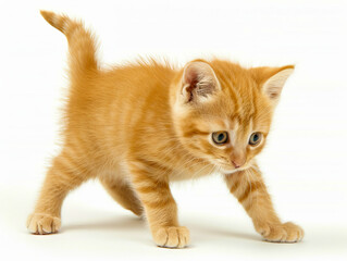 A small orange kitten walking on a white background.