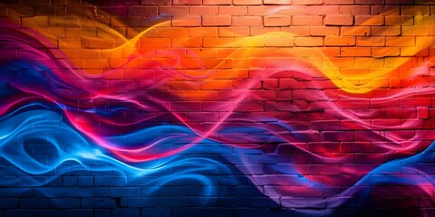Vibrant abstract shapes and colors in graffiti mural on brick wall. Concept Street Art, Graffiti Mural, Vibrant Colors, Abstract Shapes, Brick Wall
