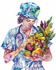 A female doctor wearing a blue cap and stethoscope holds a basket full of fruits and vegetables. The background is white. The image is in a watercolor style.