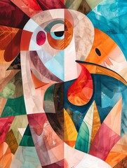 An abstract painting of a toucan, with a bright and colorful palette and a geometric pattern.