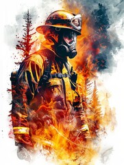 A firefighter stands in front of a raging forest fire. The flames are all around him, but he is not afraid. He is determined to put out the fire and save the forest.