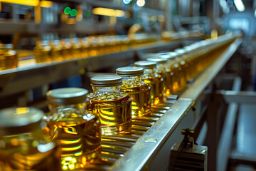 A line of bottles on a conveyor belt.