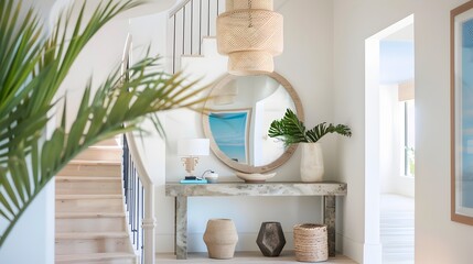 Elegant California Coastal Beach House Entryway with Caribbean Inspired Decor and Accents