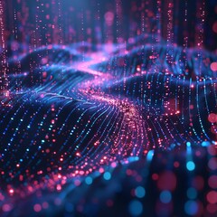 Obraz premium 3D rendering of glowing purple and blue particles flowing in a wave.