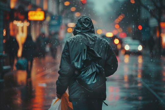 A lonely homeless man walks on the street on a rainy day. The concept of helping the disadvantaged and victims of natural disasters