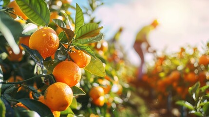 Ripe oranges hanging on a tree with sunlight filtering through leaves in a lush orchard during golden hour.