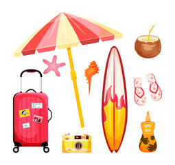 A set of summer items in a trendy card style. Surfboard, luggage, coconut, sun umbrella, flip flops, camera, sunscreen. Vector illustration. Collections template for design. Isolated. Comic. Vibrant 