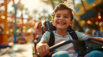 A family with a child with spina bifida joyfully exploring a theme park, showcasing inclusion, fun, and shared happiness in family outings.