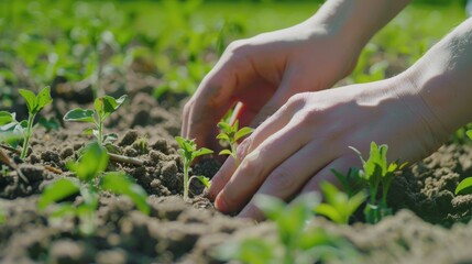 Fototapeta premium Hands gently nurturing young plants in soil, representing growth, agriculture, or environmental care in outdoor setting.