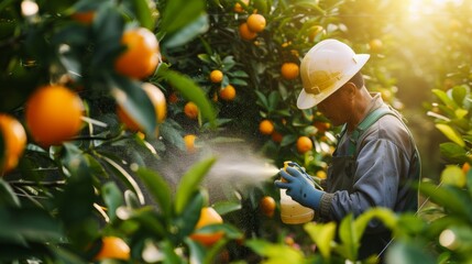 Worker spraying pesticide on orange trees in a citrus grove at sunset, wearing protective clothing and helmet. Farming and agriculture.