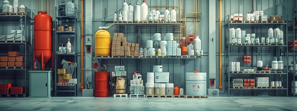 A warehouse with many shelves and containers of various sizes