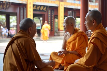 Obraz premium Buddhist monks seated on the ground in conversation.