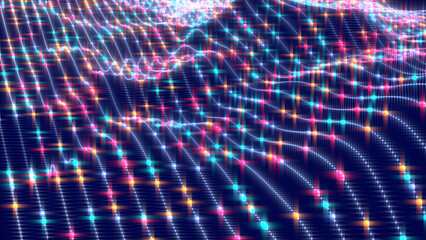 Obraz premium Glowing particles, dots, sparkles, waves of grid mesh surface abstract background 3d texture. Bright electric backdrop in vibrant neon colors.